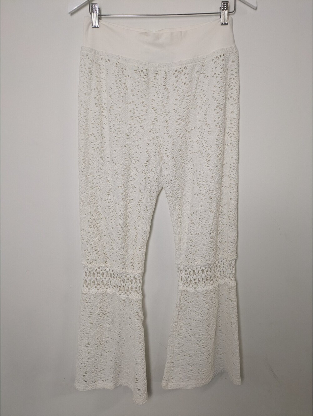 Solitaire Swim White Lace Flare Pants Sz L Sheer Crochet Beach Cover-Up Trousers